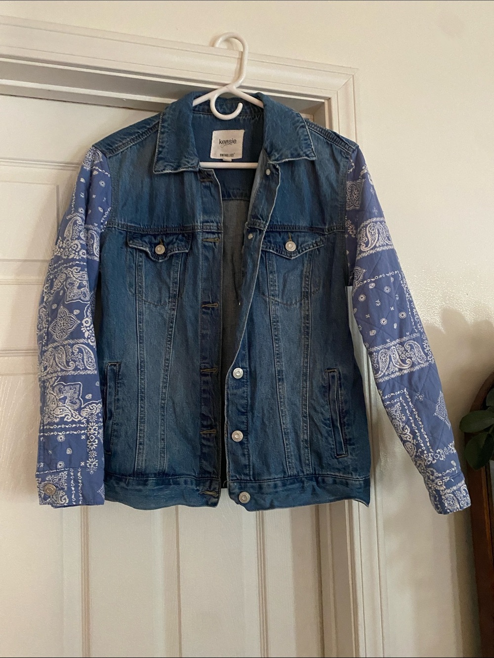 Kensie Denim Jacket with Light Blue Bandana Sleeves